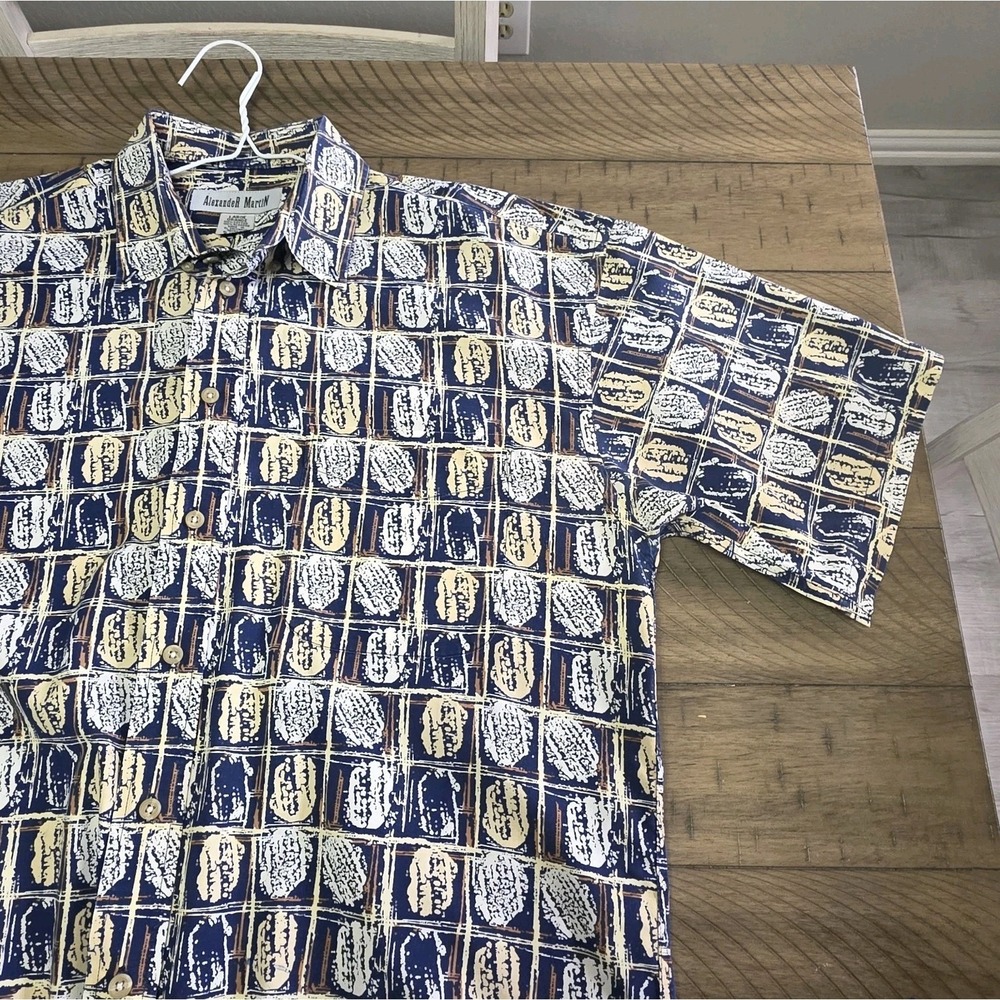 Alexander Martin 100% Cotton Button Up Shirt Large Blue Geometric Print Vintage - Picture 5 of 11
